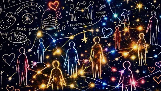 En mörk stjärnhimmel med skisser av människor och annat i olika färger