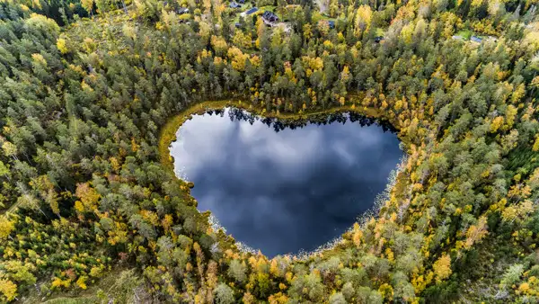 En hjärtformad sjö omgiven av träd.