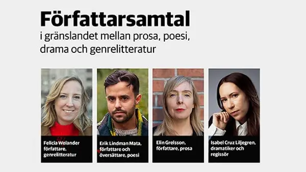 Bilder på författarna som deltar i författarsamtalet.