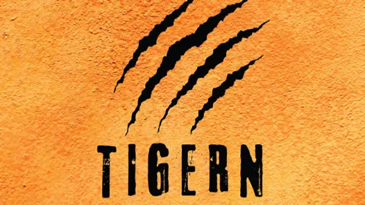 Orange bakgrund med svart text och svarta tigerränder