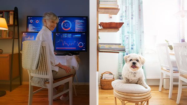 Senior kvinna som sitter vid en dator i sitt hem och går en kurs inom data och it