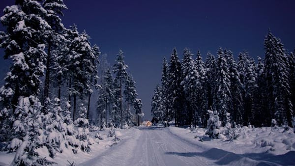 en väg i vinterskrud under nattetid