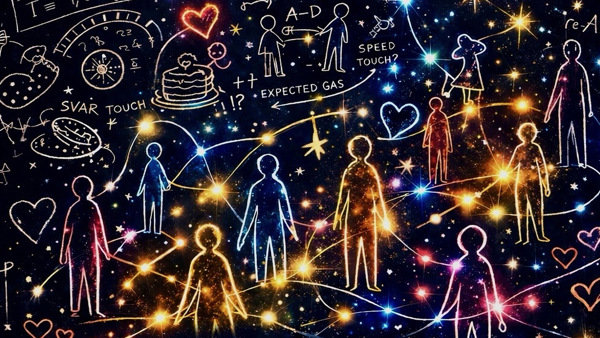 En mörk stjärnhimmel med skisser av ord, siffror och människor