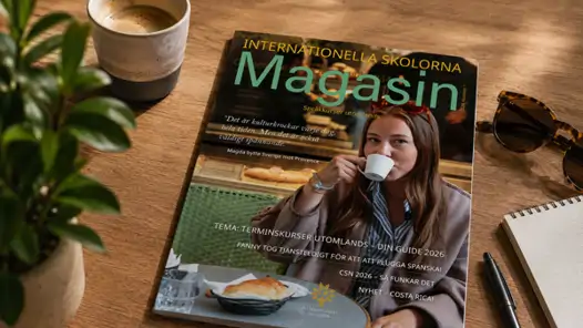 En tidning som ligger på ett träbord bredvid en kopp kaffe.