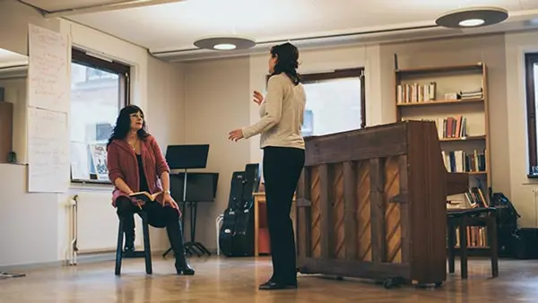 En bild på skolans scen och sångrum.