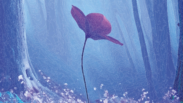 En tecknad röd blomma i en sagolik blå skog.