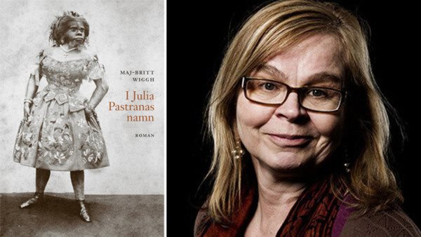 Omslagsbilden till "I Julia Pastranas namn" tillsammans med ett porträtt på Maj-Britt Wiggh.