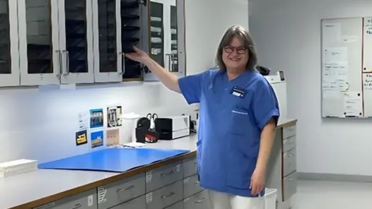 Kvinna i blå kläder som tandsköterska