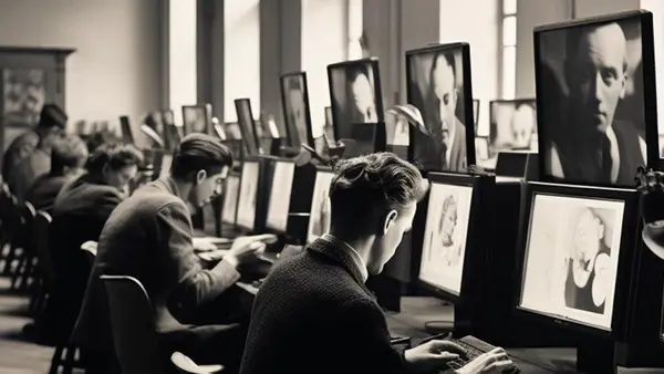 Svartvit bild i vintagestil p&aring; personer som sitter i en stor sal vid varsin sk&auml;rm.