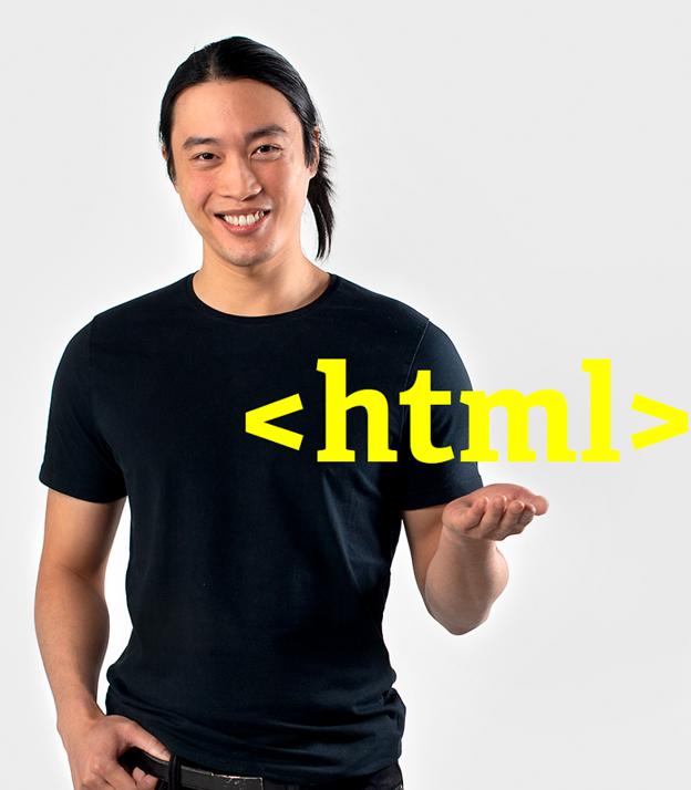 En man som håller upp en skylt med ordet html tryckt på den.