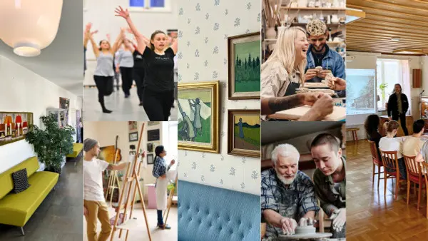 Ett collage med foton av m&auml;nniskor i ett vardagsrum.