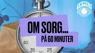 Texten: Om sorg...på 60 minuter på en lila platta framför en bakgrund på en klocka.