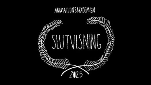 En svartvit logotyp med en krans.