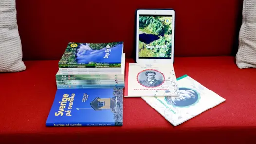 En röd soffa med böcker och en surfplatta på.