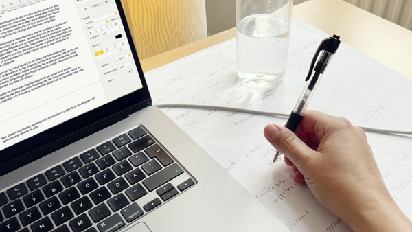 Ett papper med anteckningar och två pennor.