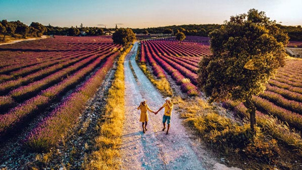 Ett par går längs en grusväg och håller varandra i handen.