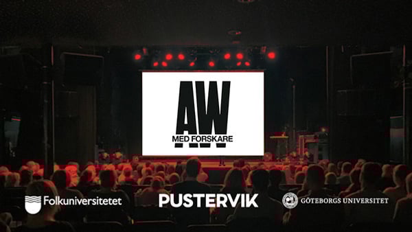 Vinjettbild för samtalsserien AW med forskare, med logotyper för Folkuniversitetet, Pustervik och Göteborgs universitet.