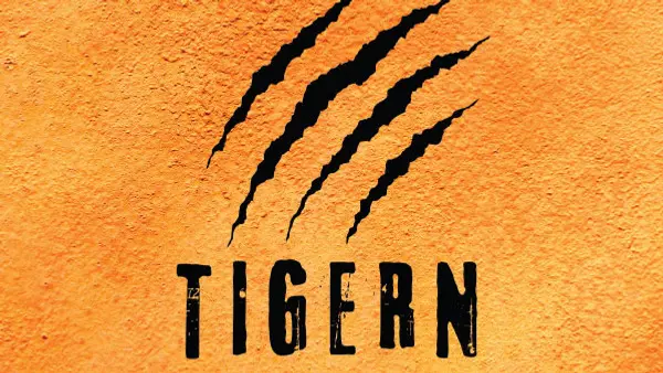 Orange bakgrund med svart text och svarta tigerränder