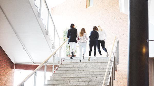 Fyra elever går i en trappa på Folkuniversitets gymnasium i Trollhättan