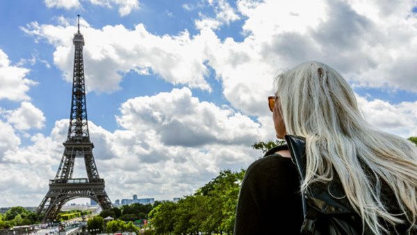 Caucasian woman admiring scenic view of Eiffel Tower