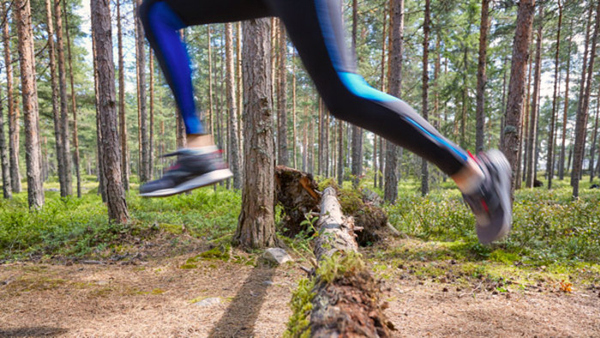 Runner jumping over fallen log on trail in woods
