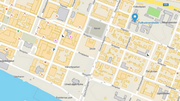 En karta över en stad med en blå markör.