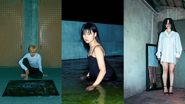 Collage av tre foton bredvid varandra, föreställande tre asiatiska modeller, en som sitter ned, en som står i profil och en som står upp rakt framifrån.