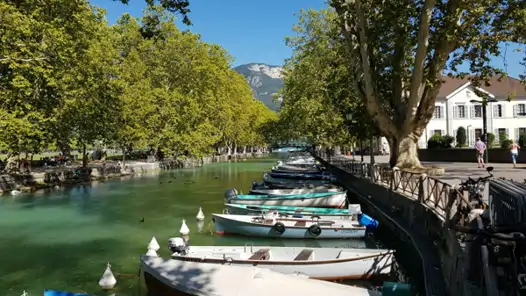 En massa båtar som ligger i vattnet i Annecy. Bo och läs franska i Annecy.