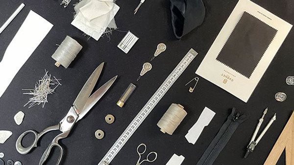 Kollage med sax och sydetaljer - Tillskärarakademin i Lund, Folkuniversitetet