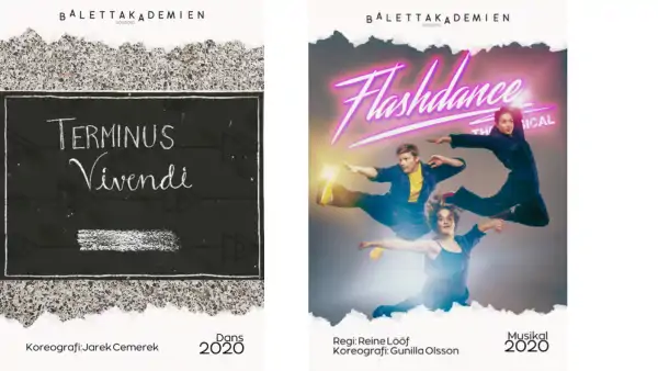 Bild på 2 st affischer för föreställningar.