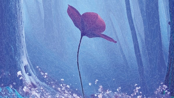 En tecknad bild på en röd blomma i en magisk blå skog